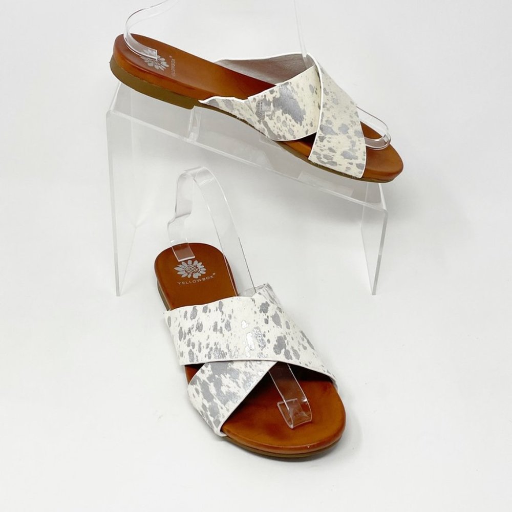 Yellow box Womens White/Silver Leather Slip on Slide Sandal Size 7.5